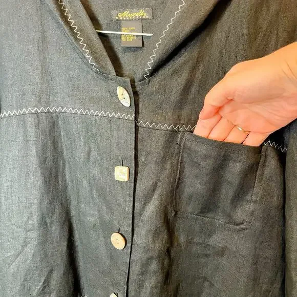 VTG Mureli Collection Women’s M Black Linen Hooded Lagenlook Artsy Jacket Art - Picture 7 of 14